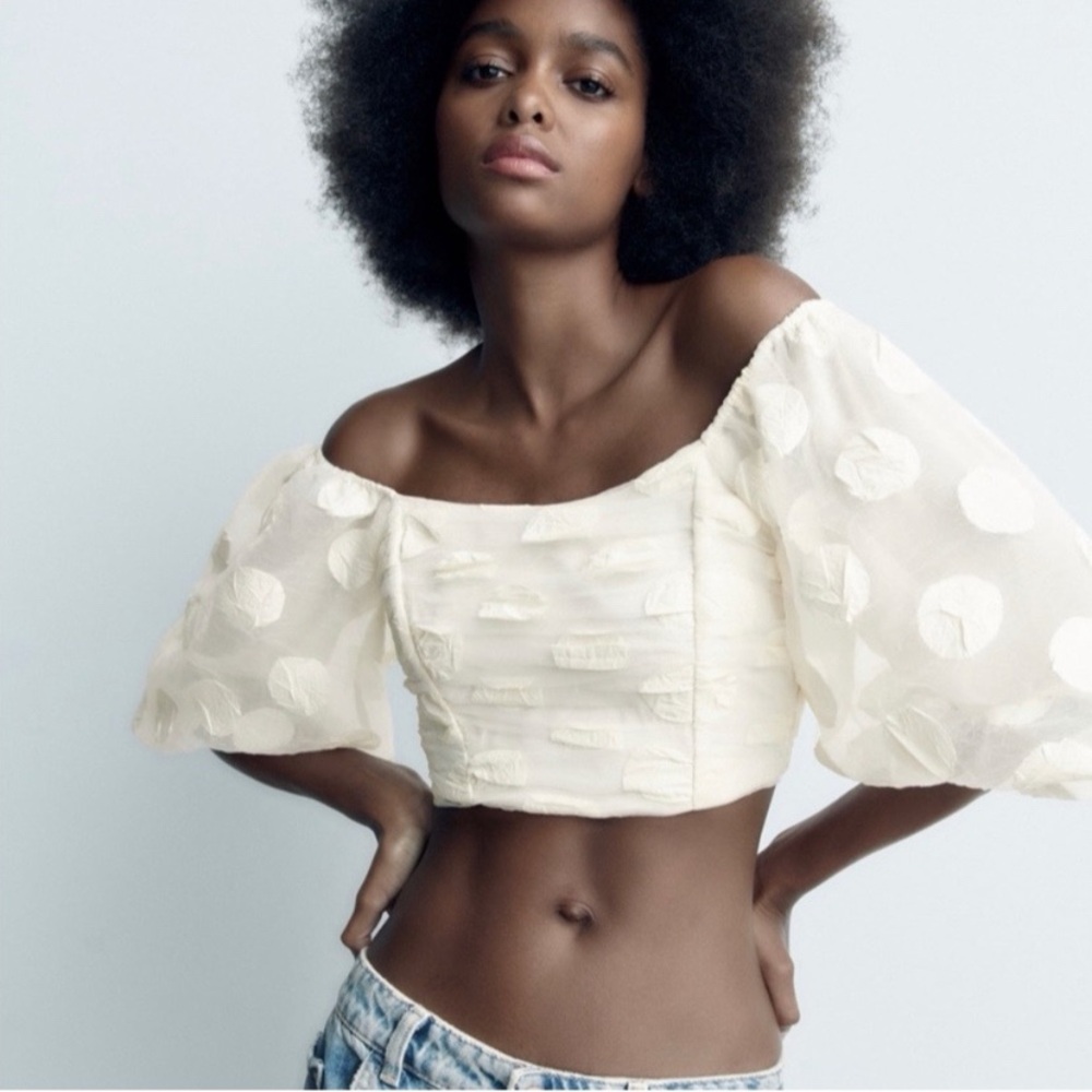 π ZARA BOHO IVORY POLKA DOT SHEER PUFF SLEEVE CROP TOP! - Picture 7 of 16